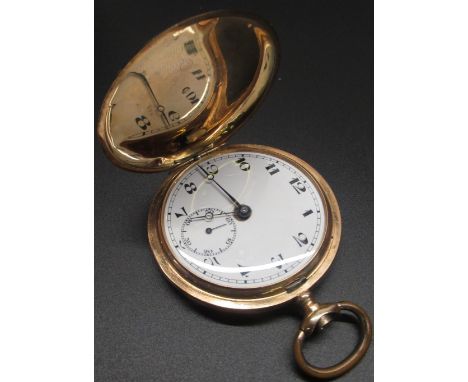 Late C19th/early C20th swiss 14ct gold keyless hunter pocket watch.  White enamel dial with roman numerals, railtrack minutes