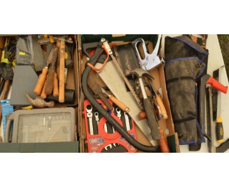Large collection of hand tools and accessories including saws, hammers, ratchet spanner set, drill bits, staple gun, files et