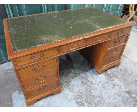 Geo.III style mahogany twin pedestal desk, oin set writing surface and three frieze drawers, on bracket feet, W153cm D92cm, H