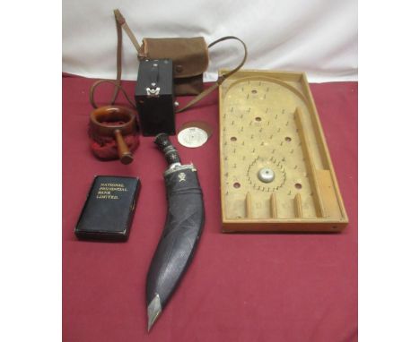 Kodak No.2A Brownie camera in case, bagatelle board, Kukri in scabbard, national provincial bank limited money book, mahogany