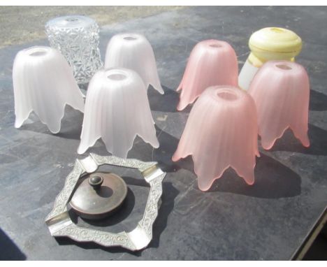 Set of three pink glass flowerhead lamp shades and three similar opaque glass shades, etc (10) 