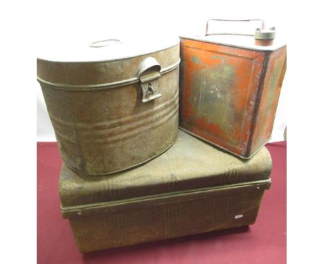 Vintage red metal petrol can with brass cap, metal hat box and small metal trunk(3) 