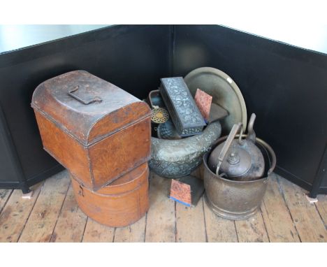 An Indian brass jardiniere; a copper kettle; coal scuttle; a hat box; tin trunk and other items (qty)