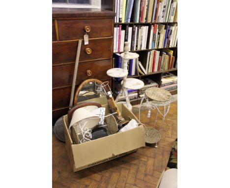 A painted beech three tier stand; two French tables; a lamp; various mirrors etc (qty)