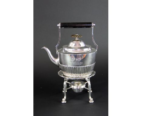 An Elkington & Co silver plated spirit kettle, burner and stand, of half reeded form and engraved 'FWJ 20th January 1898, Fro