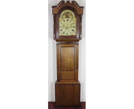 A Victorian mahogany and oak eight day longcase clock, the painted dial with moon phase signed Owen Llanerchymedd, with swans