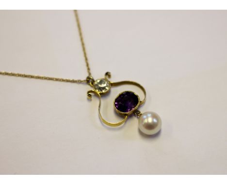 An amethyst and pearl set pendant, late 19th/early 20th century, designed as an openwork yellow metal pendant set with a cent