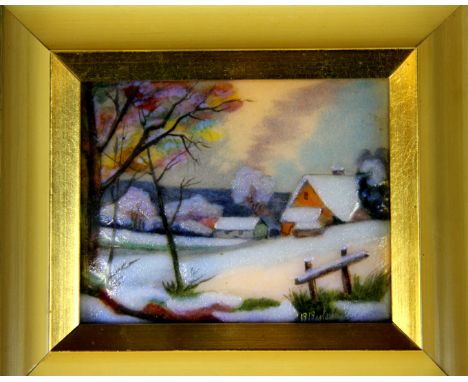 A Limoge enamel plaque, decorated with a winter landscape, indistinctly signed, framed with R. Restoueix label verso, 17 x 19