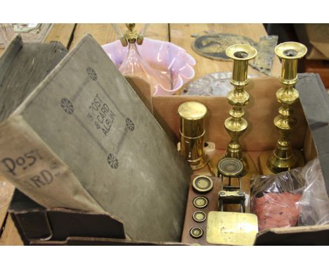 A set of Samson Mordan Edwardian brass postage scales, marked with 'Rates of Postage' and five weights, along with a brass te