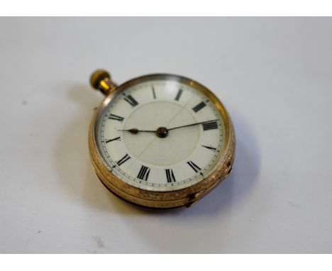 A lady's 14k gold fob watch, the white enamel dial with black Roman numerals, within gold florally engraved case with vacant 