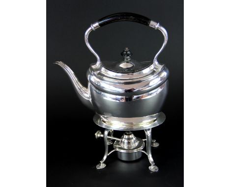 A late 19th century silver plated spirit kettle, burner and stand, Atkin Brothers, of oval boat shape with ebonised handle an