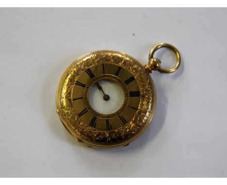 An 18k gold half hunter pocket watch 'Baume Geneve', the outer case with floral cast detail and central Roman numerals in blu