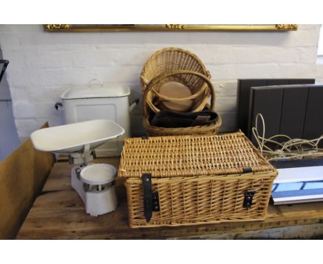 A J & J Siddons kitchen scales and weights; an enamel bread bin; a picnic hamper; two baskets; a collar box and a leather sat
