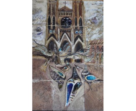 A ceramic twelve tile panel depicting Notre-Dame Cathedral, Paris, with abstract pigeons in the foreground and cathedral beyo