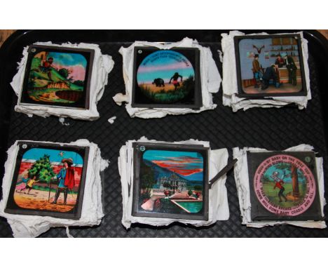 A collection of Victorian colour magic lantern slides, comprising 8 - A Moral Tale, 12 - tavern scenes, 8 - childrens rhymes,