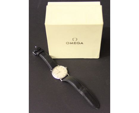 An Omega stainless steel wristwatch, the circular face with silvered dial, batons and numerals 12 3 6 and 9, centre sweep sec