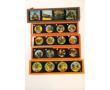 A selection of late 19th century magic lantern slides, mostly colour and children's subjects