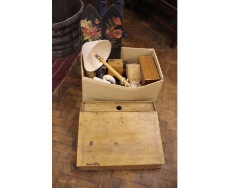 A four panel table top screen decorated with flowers; a pine desk top; a selection of wood boxes and other items (qty)