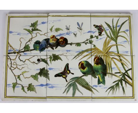 A Minton Hollins & Co six tile panel, late 19th century, brightly enamelled with a view of budgerigars and other exotic birds