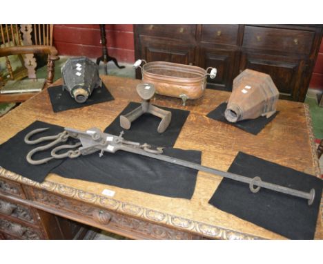 A Victorian water hopper; another; a copper planter; a cobbler's last; a butcher's hook; etc