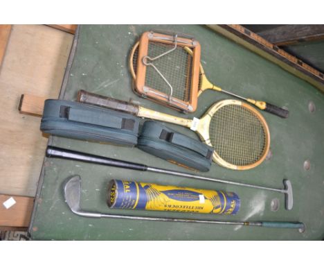 Sporting - a vintage Stuart Surridge Waverley Target tennis racquet; a Slazenger Flight Commander badminton racquet; a tube o