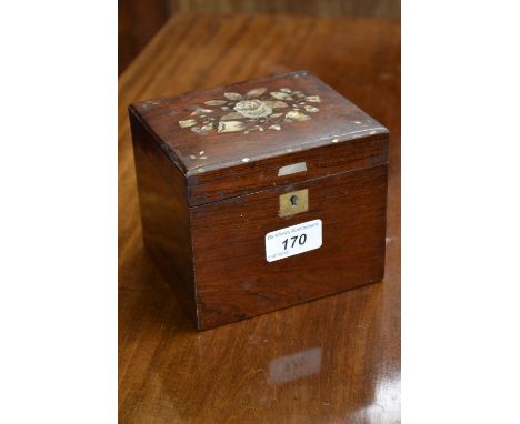 A 19th century French rosewood and mother of pearl marquetry rectangular tea caddy, hinged cover inlaid with a spray of flowe