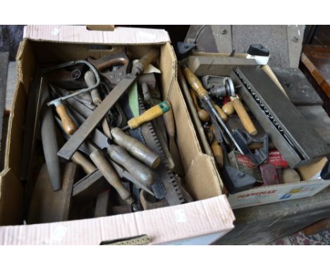 Tools - Marples chisels; rebate plane; spoke shave; rasps; etc. (2 boxes)