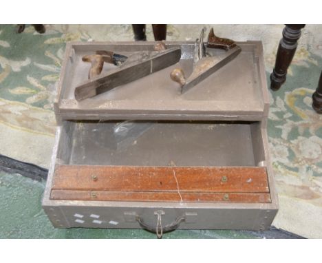 A painted pine carpenter's tool chest, two internal drawers; a Stanley plane and a Record plane.