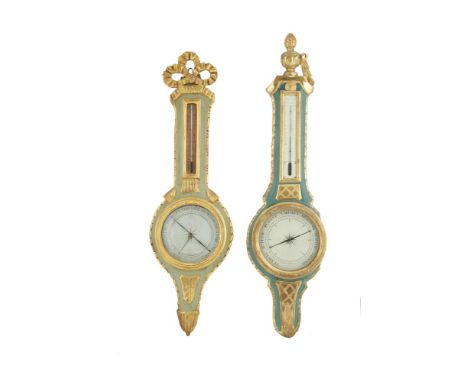 TWO SIMILAR FRENCH CARVED PAINTED AND GILDED DECORATIVE BAROMETER/THERMOMETERS, of banjo form, one surmounted with a ribbon t