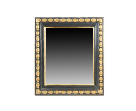 A LATE 19TH CENTURY SPANISH EBONISED AND PARCEL GILT RECTANGULAR WALL MIRROR, with moulded decoration. 123 x 109cm