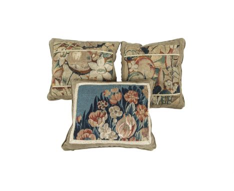 THREE CUSHIONS WITH INSET AUBUSSON STYLE TAPESTRY PANELS. (3)