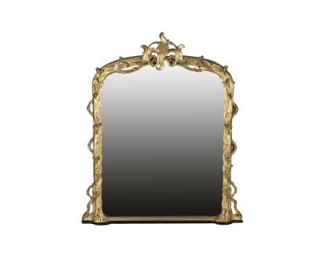 A VICTORIAN CARVED GILTWOOD AND GESSO ARBOREAL FRAMED OVERMANTLE MIRROR, the naturalistic frame applied with leaf motifs. 123