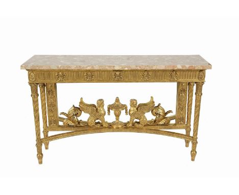 A 19TH CENTURY GILTWOOD PLASTER AND GESSO CONSOLE TABLE, the pink marble top raised on fluted frieze, on leaf capped spiral t