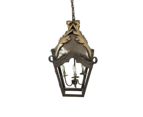 A LARGE CONTINENTAL 19TH CENTURY STEEL AND GILT METAL LANTERN, of square tapering form, the shaped dome top decorated with ap