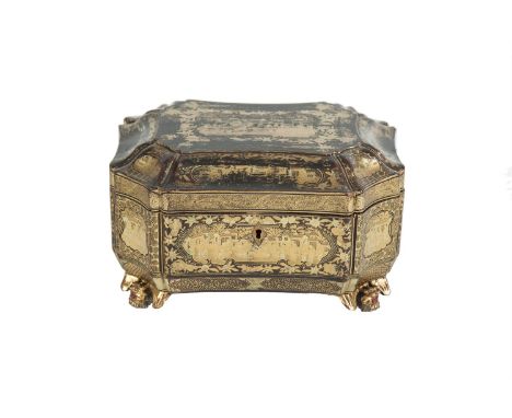A CHINESE EXPORT TEA CADDY, 19th century, in ebon and gilt, decorated to the exterior with Chinoiserie panels and interior fi