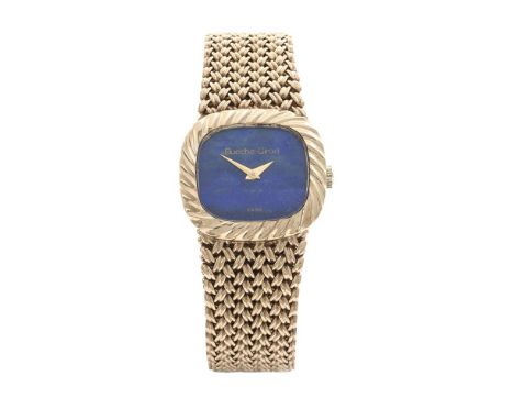 A LADY’S 9 CARAT GOLD WRISTWATCH BY BUECHE-GIROD, the plain cushion-shaped lapis lazuli dial with arrow-shaped gold hands to 