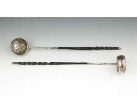 A SILVER TODDY LADLE, the bowl inset with a Charles II coin of 1677, with twist bone handle. 36cm long; together with another