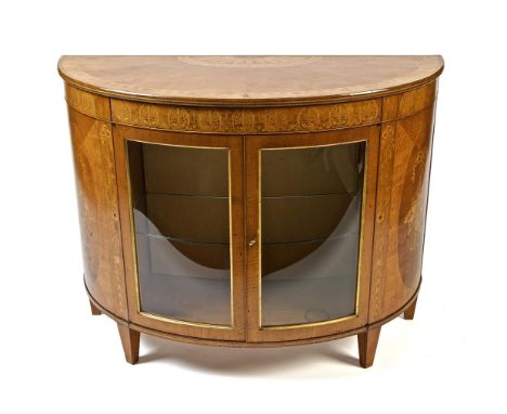 A FINE SATINWOOD AND MARQUETRY INLAID SEMI-ELLIPTICAL COMMODE, BY JAMES HICKS OF DUBLIN, the rosewood banded top inlaid with 