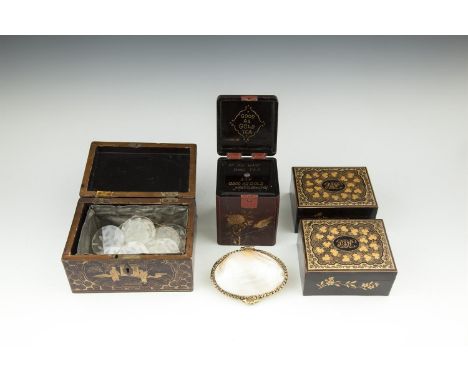 A PAIR OF JAPANNED LACQUER BOXES AND COVERS, late 19th century, of rectangular form, each initialled and decorated with gilt 
