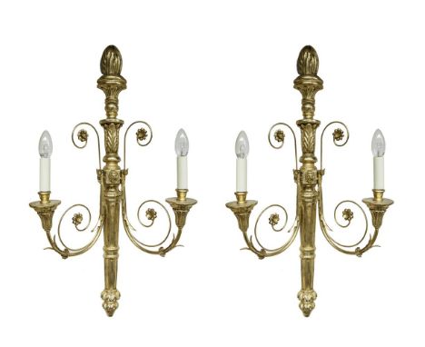 A PAIR OF GILTWOOD TWO LIGHT WALL SCONCES IN THE NEO-CLASSICAL TASTE, by Vaughan Designs, the fluted body with anthemion leav