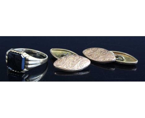 A pair of 9ct gold and engraved cufflinks; together with a gent's 9ct gold and black onyx signet ring, size T, gross weight 5