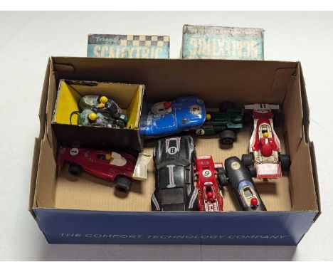 A Scalextric box and loose group of nine models, to include Jaguar D-type No.2 blue body, MM/B1 Typhoon motorcycle and sideca