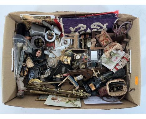 A collection of dolls house furniture and miniatures, to include a Marklin water heater, h.16cm, and door furniture