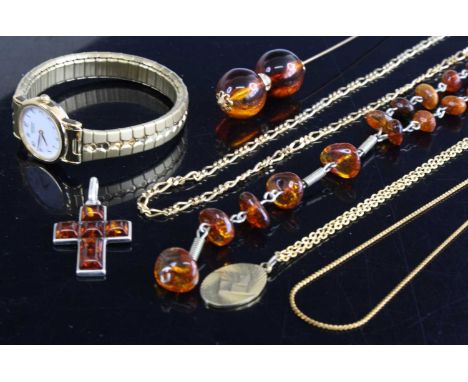 Assorted costume jewellery to include clear orange amber necklace, lady's fashion watch, amber ring, hat-pin etc 
