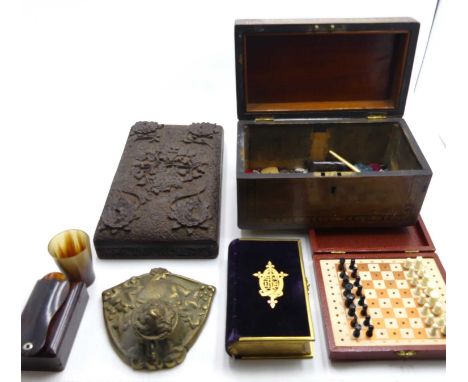 A 19th century Tunbridge inlaid walnut tea caddy; together with a Victorian velvet clad Book of Common Prayer; Indian carved 
