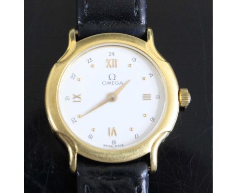 An Omega lady's 18ct gold cased quartz wristwatch, having a signed white dial with quarter Roman numerals, screw-down back co