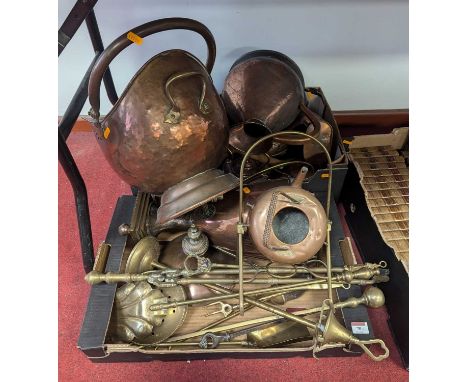 A collection of Victorian and later metal wares to include brass fire tools and a copper measure