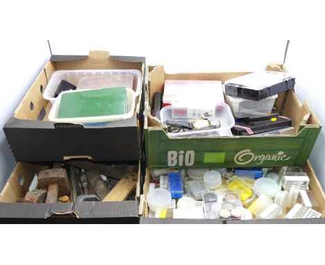 A collection of wristwatch parts, to include dials and movements; together with various tools and plastic cases (4 boxes)
