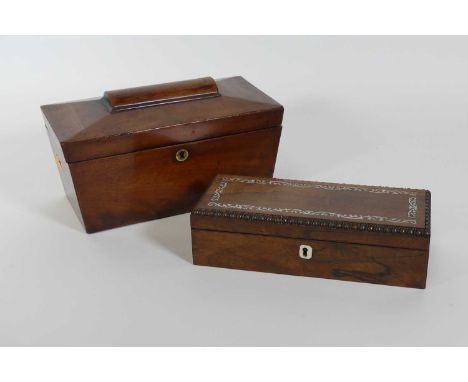 A 19th century mahogany tea caddy, of sarcophagus form, lacking interior, width 28cm, together with a 19th century rosewood a