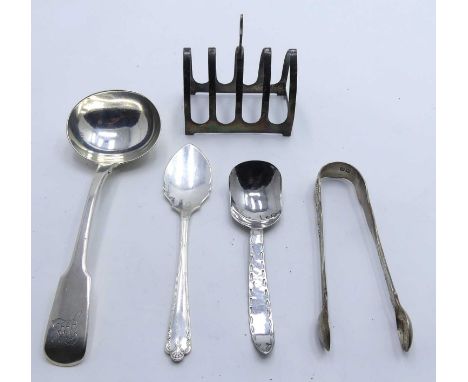 A George IV silver ladle in the Fiddle pattern, Solomon Royes, London 1821; together with silver four-division toast rack; pa